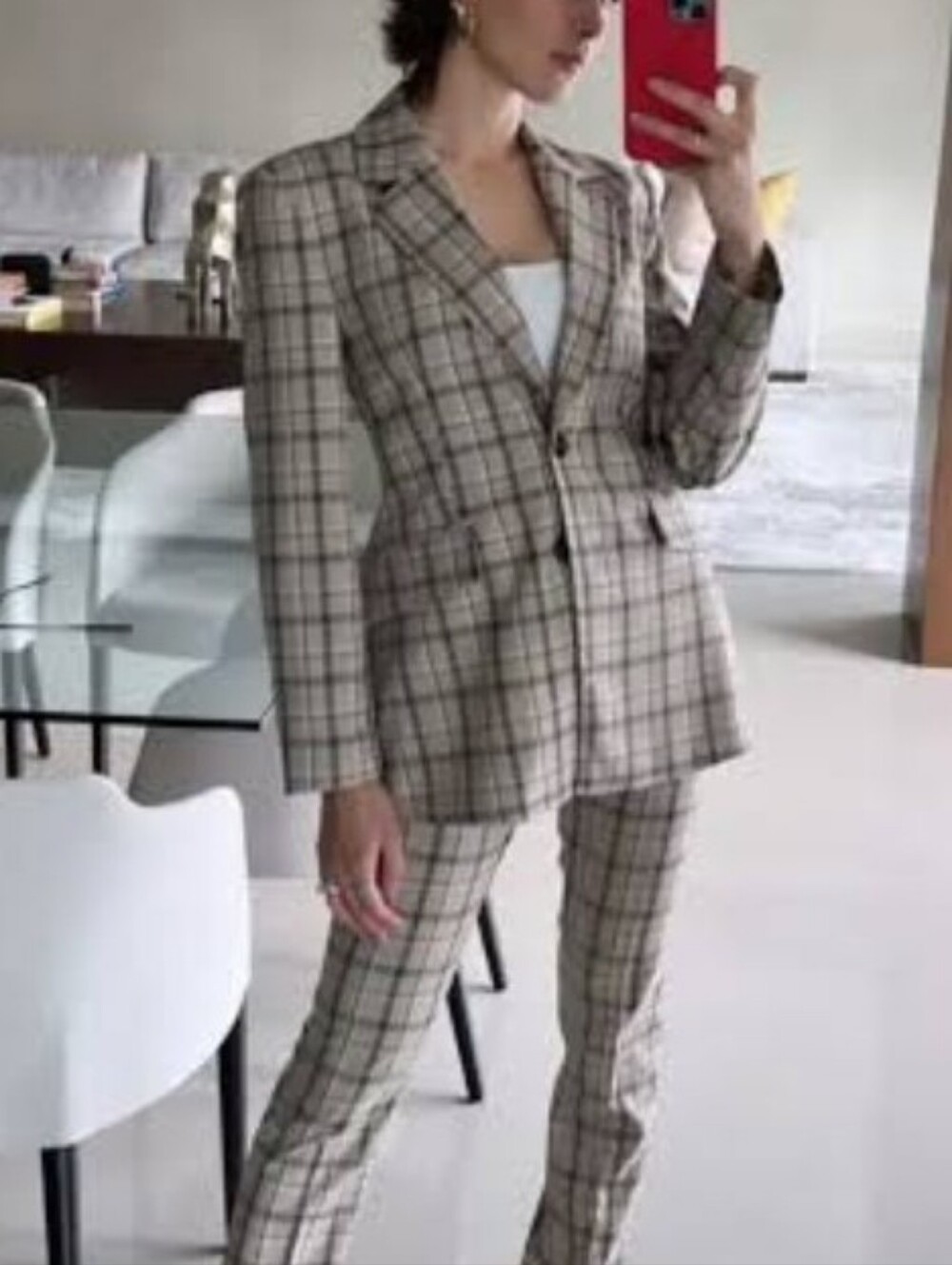 ZARA Plaid Tan and Gray Two-Button Blazer Large